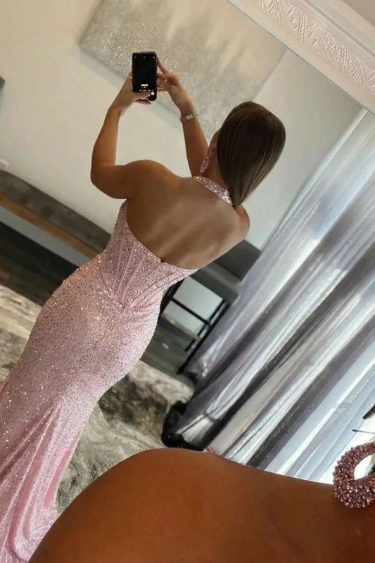 Pink Halter Beaded Mermaid Long Prom Dress with Slit