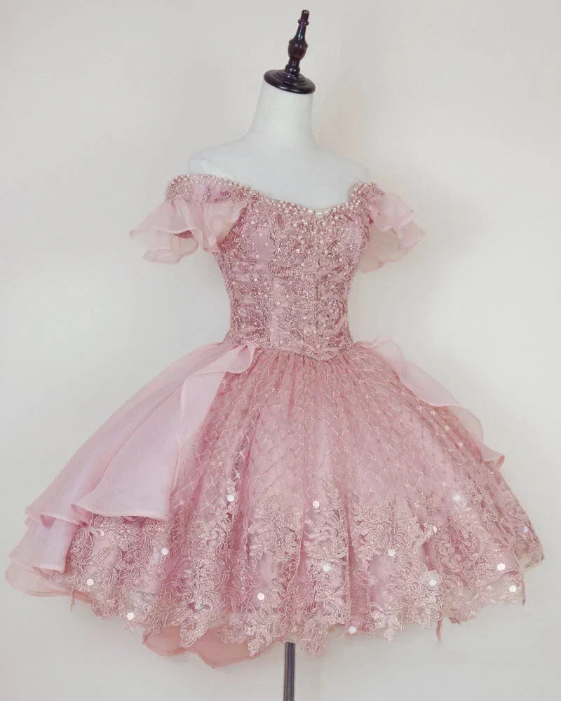 Vintage Pink Beading Design Short Evening Dress, A-line Off-the-shoulder Homecoming Dress HZ1024
