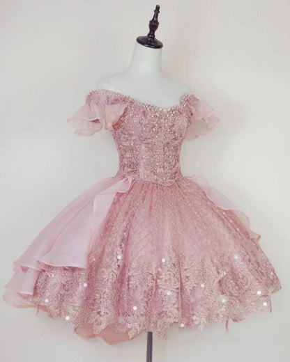 Vintage Pink Beading Design Short Evening Dress, A-line Off-the-shoulder Homecoming Dress HZ1024