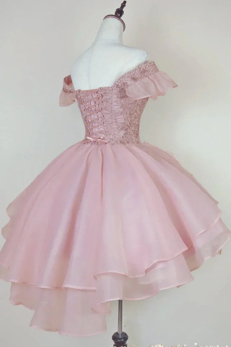 Vintage Pink Beading Design Short Evening Dress, A-line Off-the-shoulder Homecoming Dress HZ1024