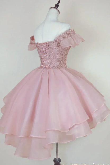 Vintage Pink Beading Design Short Evening Dress, A-line Off-the-shoulder Homecoming Dress HZ1024
