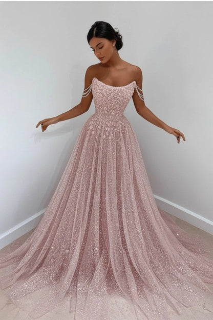 Sparkly Sky Blue Off-the-Shoulder Prom Dress Long with Sequins