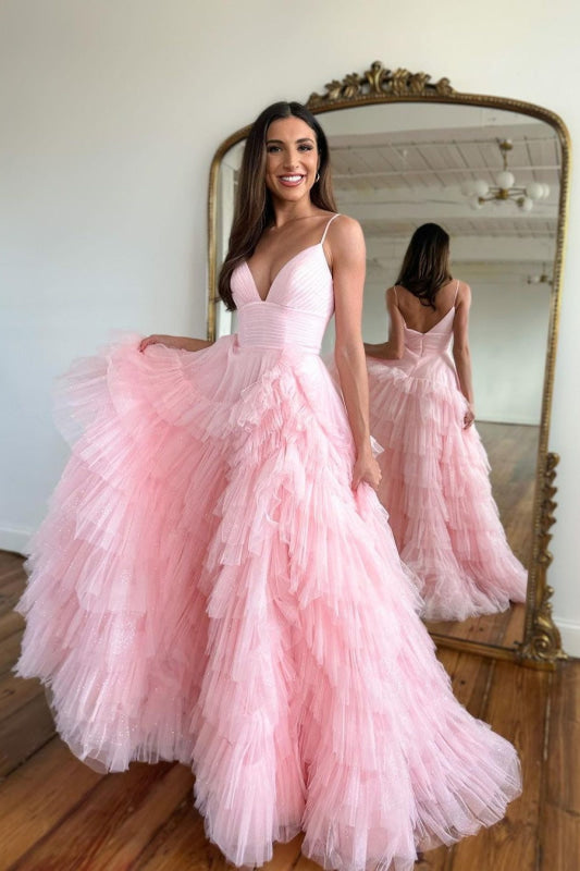 Pink Prom Dress Mermaid Sleeveless Spaghetti Straps Tulle Aline Evening Dress
