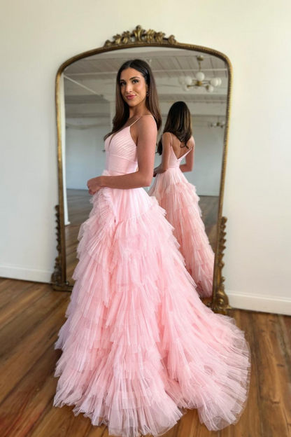 Pink Sleeveless Spaghetti Strap Tulle Mermaid Evening Prom Dress