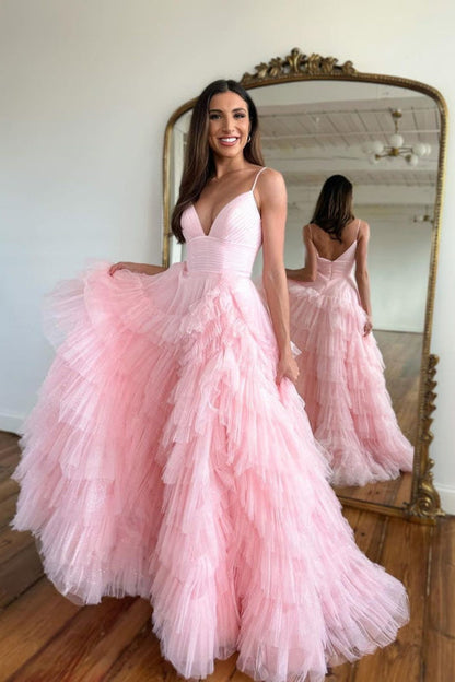 Pink Sleeveless Spaghetti Strap Tulle Mermaid Evening Prom Dress
