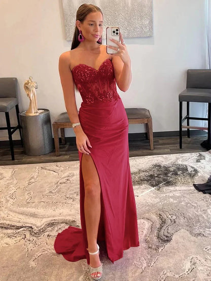 Barbie Pink Lace Strapless Sheath Dress with Slit