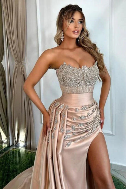 Vintage Pink Sheath Satin Prom Dress Sparkling Beaded Evening Gown Strapless High Slit Party Dress Long Formal Dress HZ1024