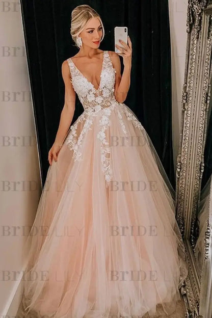 Pink V Neck Backless Lace Appliques Tulle Ball Gown Wedding Dress