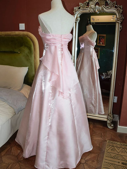 Pink Strapless Satin Prom Dress Long Ball Gowns Open Back