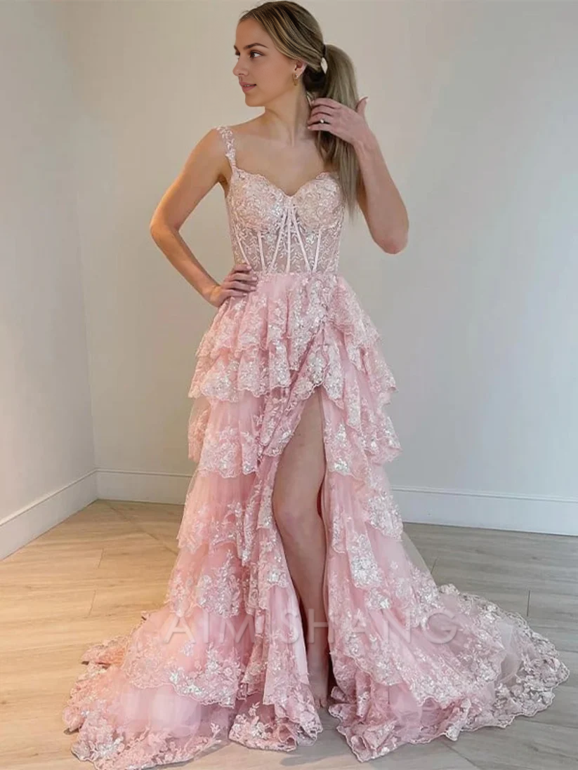 Aimishang A Line Tulle Appliques Off-the-Shoulder Ruffle Long Prom Dress Sweetheart Tiered Skirt Corset Lace Formal Dress Charming Evening Party Sparkly Dress
