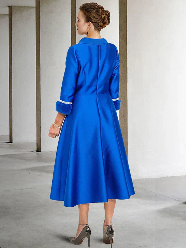 Two Piece A-Line Mother of the Bride Dress Elegant Jewel Neck Tea Length Satin Half Sleeve Jacket Dresses with Bow(s) Pleats Crystals
