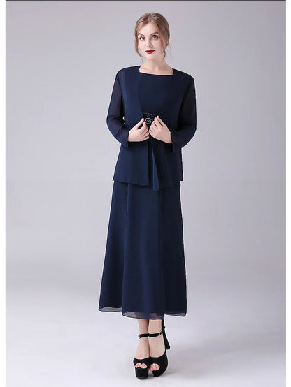 A-Line Mother of the Bride Dress Elegant Sweet Jewel Neck Ankle Length Chiffon Sleeveless