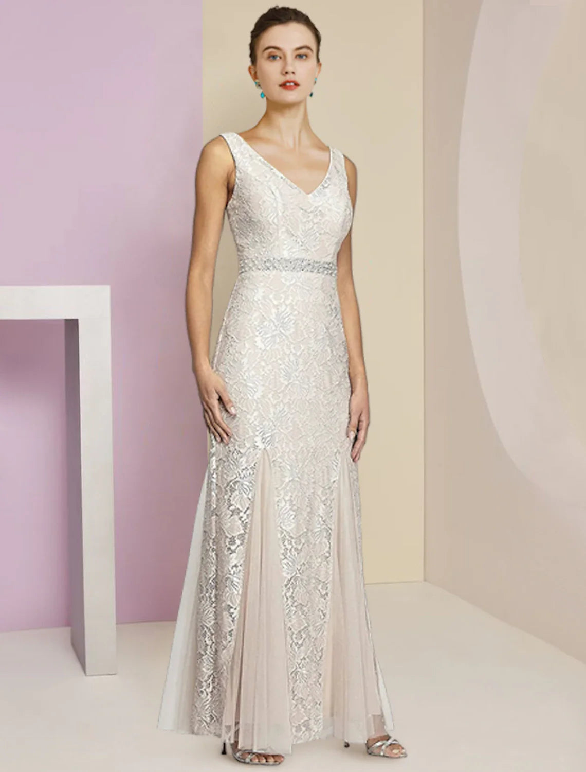 Aimishang Two Piece A-Line Mother of the Bride Dress Formal Wedding Guest Elegant Winter With Jacket Half Sleeve V Neck Ankle Length Chiffon Lace Pleats Appliques