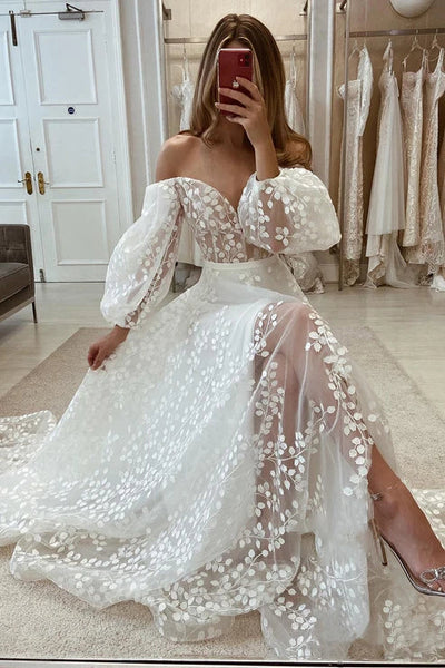 Plunging V-Neck Allover Lace Bohemian Wedding Dress with Sleeves Off Shoulder Beautiful