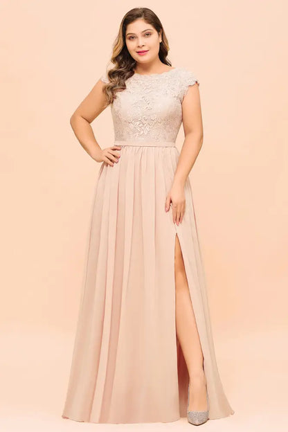 Plus Size Bridesmaid Dress Lace with Split Cap Sleeves Chiffon Wedding Guest Dress