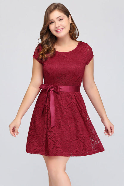 Plus Size Knee Length Jewel Burgundy Bridesmaid dress Lace with Short Sleeves