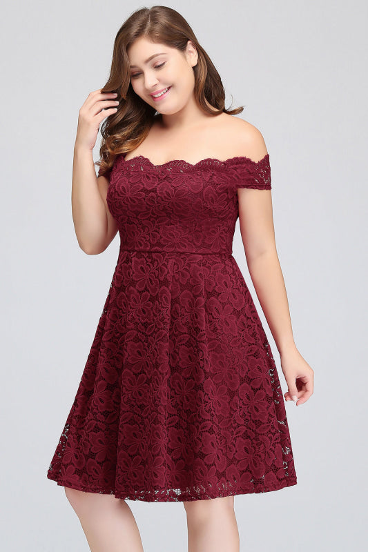 Plus Size Off-the-Shoulder Burgundy Short Bridesmaid Dress Lace