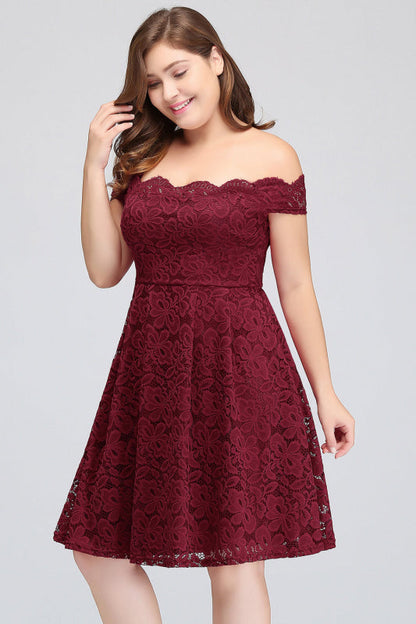 Plus Size Off-the-Shoulder Burgundy Short Bridesmaid Dress Lace
