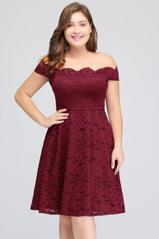 Plus Size Off-the-Shoulder Burgundy Short Bridesmaid Dress Lace