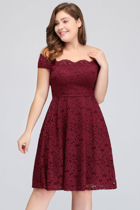 Plus Size Off-the-Shoulder Burgundy Short Bridesmaid Dress Lace