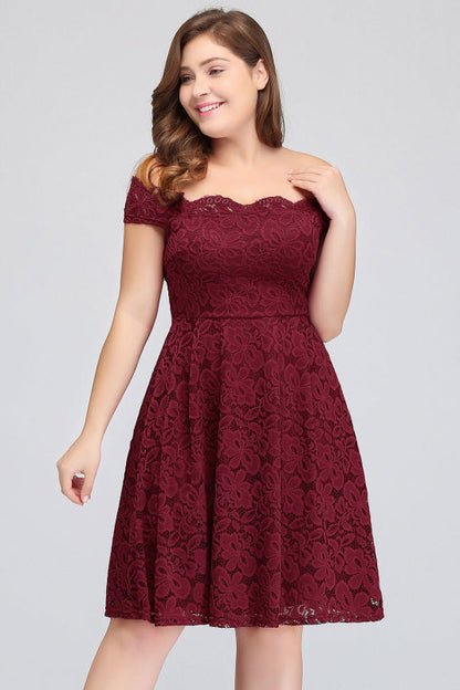 Plus Size Off-the-Shoulder Burgundy Short Bridesmaid Dress Lace
