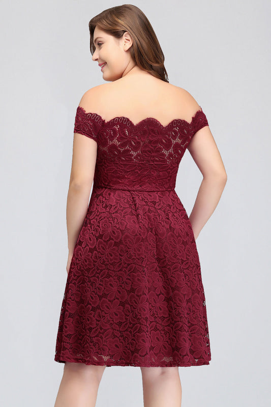 Plus Size Off-the-Shoulder Burgundy Short Bridesmaid Dress Lace