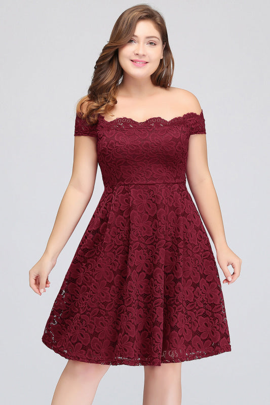 Plus Size Off-the-Shoulder Burgundy Short Bridesmaid Dress Lace