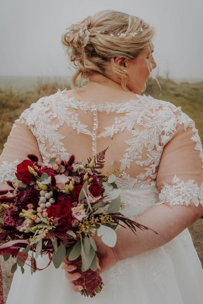 Plus Size Wedding Dresses Half Sleeves Tulle Lace Aline Dress for Bride