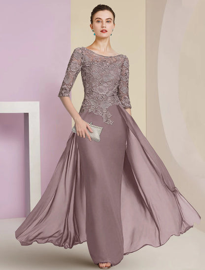 Sheath / Column Mother of the Bride Dress Formal Wedding Guest Elegant Scoop Neck Floor Length Chiffon Lace Half Sleeve
