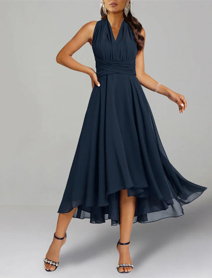 A-Line Blue Wedding Guest Dresses Convertible Infinity Mother Of The Bride Dress Formal Tea Length Sleeveless One Shoulder Chiffon with Ruched