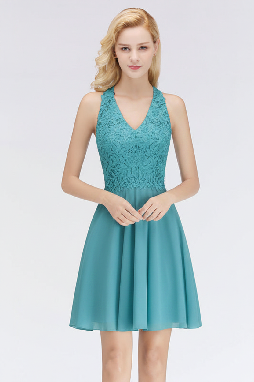 V-Neck Knee Length Floral Lace Birdesmaid Dresses