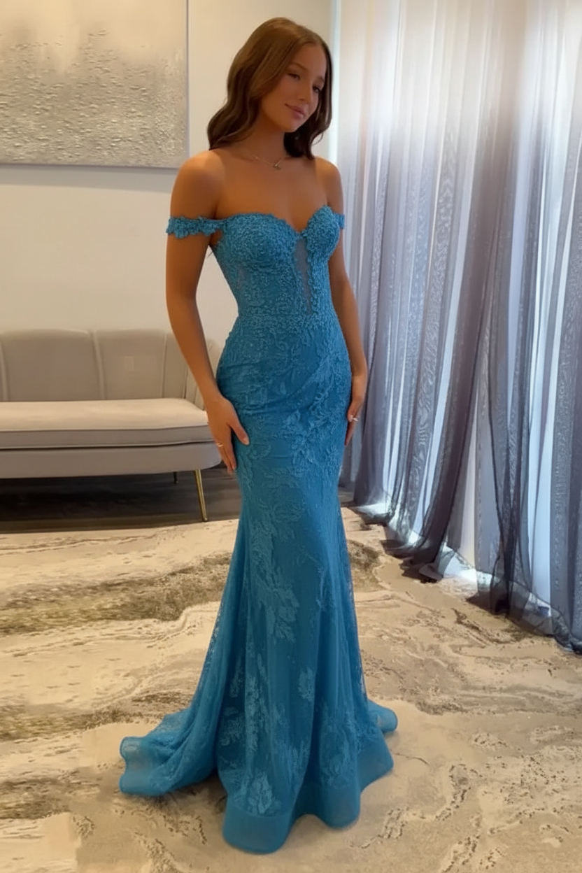 Off-the-Shoulder Mermaid Evening Dress Lace Prom Dress Long