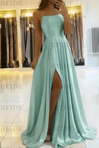 Simple Prom Dress Long With Spaghetti Straps Front Slit Satin Evening Dress