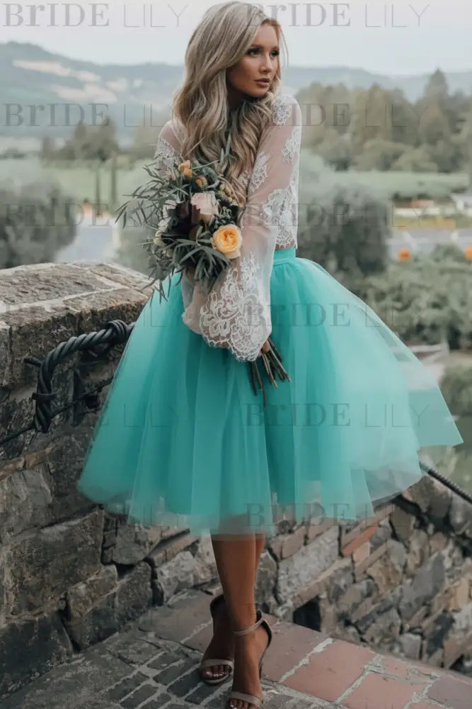 Blue Simple Wedding Dress A Line Designed Neckline Lace Tulle Bridal Gowns