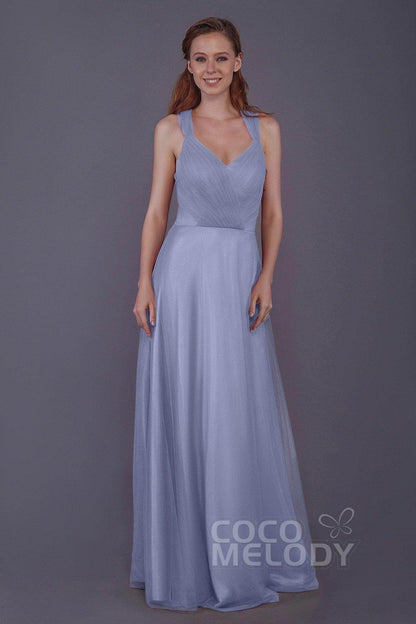Sheath-Column Floor Length Tulle Bridesmaid Dress PR3496