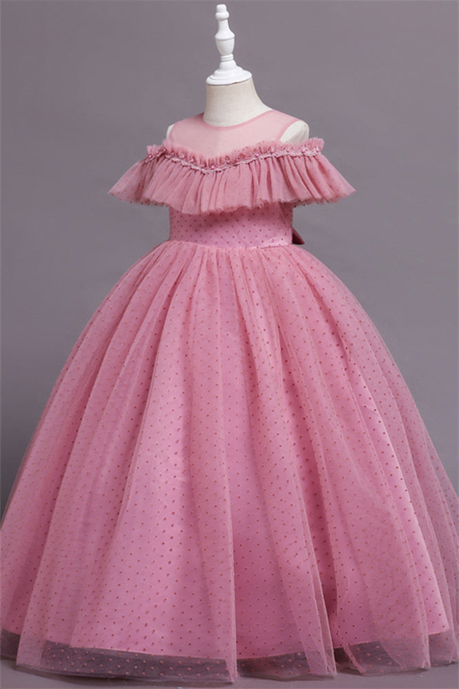 Pretty Dusty Pink Tulle Flower Girl Dress with Long Ruffle Sleeves and Spot