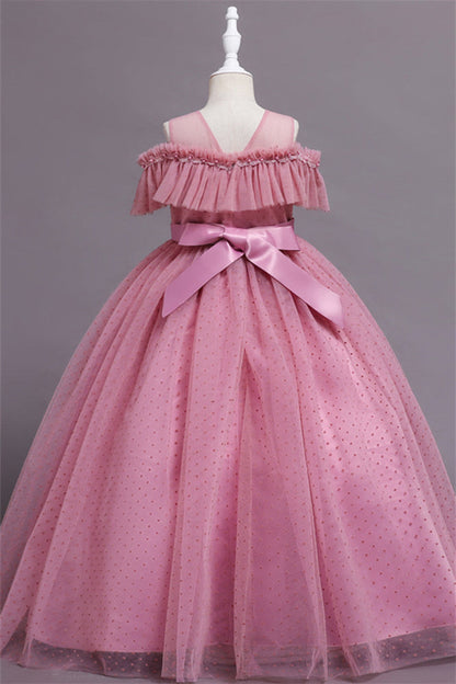 Pretty Dusty Pink Tulle Flower Girl Dress with Long Ruffle Sleeves and Spot