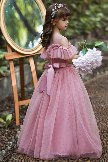 Pretty Dusty Pink Tulle Flower Girl Dress with Long Ruffle Sleeves and Spot