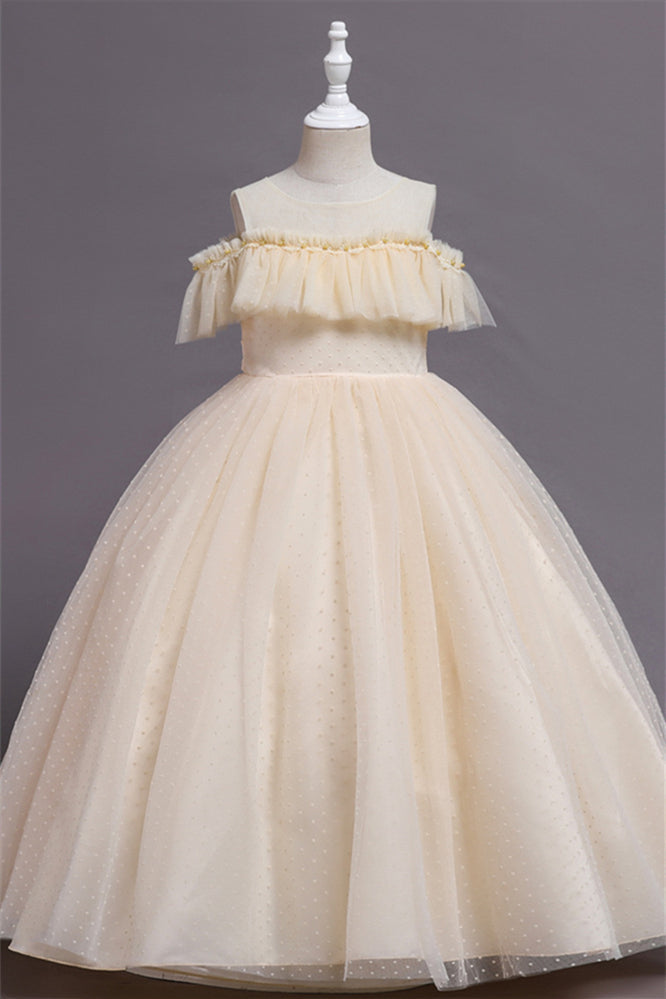 Pretty Dusty Pink Tulle Flower Girl Dress with Long Ruffle Sleeves and Spot