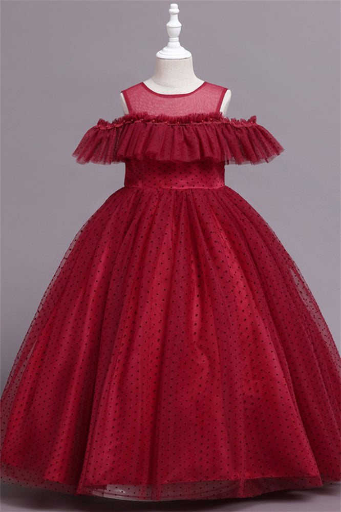 Pretty Dusty Pink Tulle Flower Girl Dress with Long Ruffle Sleeves and Spot