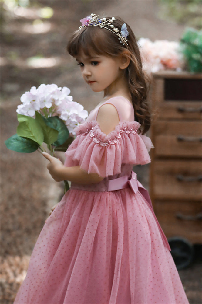 Pretty Dusty Pink Tulle Flower Girl Dress with Long Ruffle Sleeves and Spot