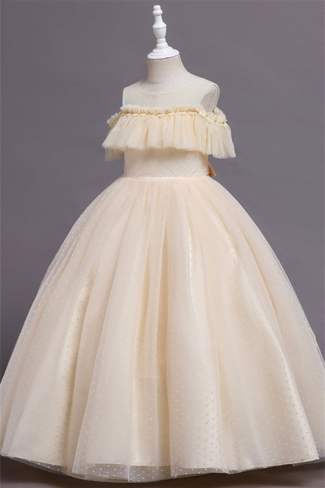 Pretty Dusty Pink Tulle Flower Girl Dress with Long Ruffle Sleeves and Spot