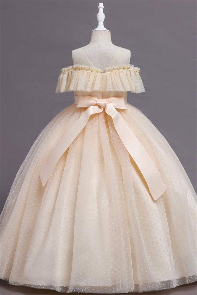 Pretty Dusty Pink Tulle Flower Girl Dress with Long Ruffle Sleeves and Spot