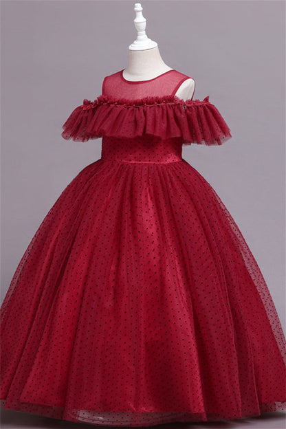 Pretty Dusty Pink Tulle Flower Girl Dress with Long Ruffle Sleeves and Spot