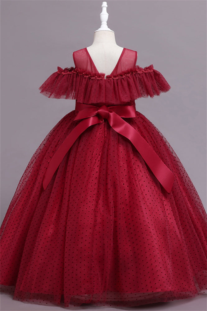 Pretty Dusty Pink Tulle Flower Girl Dress with Long Ruffle Sleeves and Spot