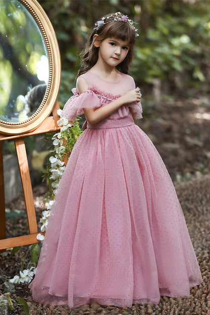 Pretty Dusty Pink Tulle Flower Girl Dress with Long Ruffle Sleeves and Spot