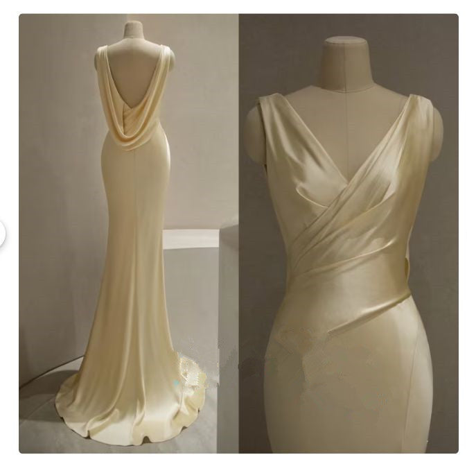Unique Mermaid V Neckline Yellow Satin Prom Dresses Bodycon Long Evening Dress