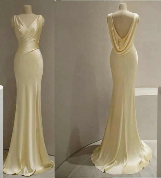 Unique Mermaid V Neckline Yellow Satin Prom Dresses Bodycon Long Evening Dress