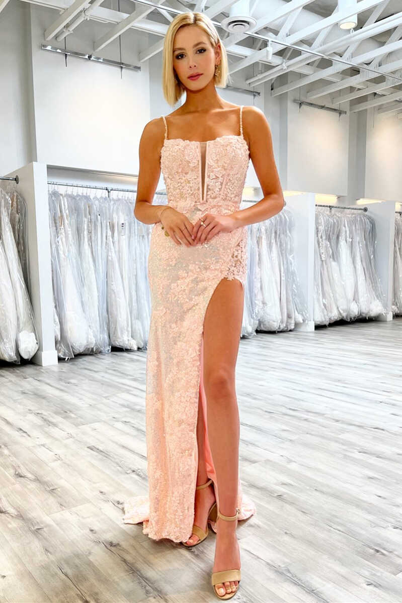 Red Sequin Split Neck Long Prom Dress with Slit