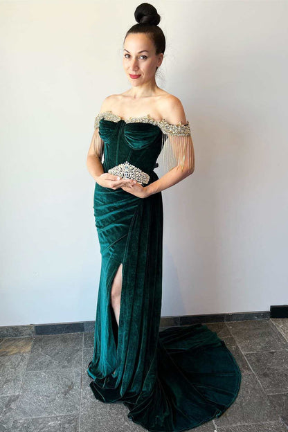 Emerald Velvet Off-the-Shoulder Fringe Long Prom Dress